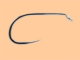 A black hook with white tip on an orange background.