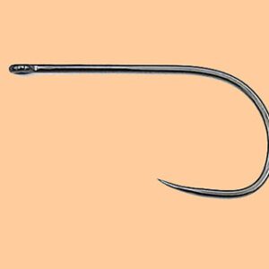 A fishing hook with a long tail on an orange background.