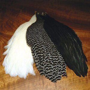 A group of feathers sitting on top of a wooden table.